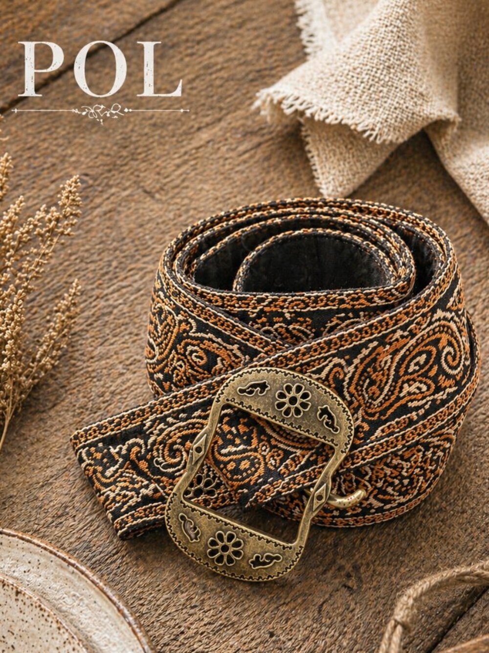 POL Boho Earth Tones Western Inspired Embroidered Brass Metal Buckle Fabric Belt
